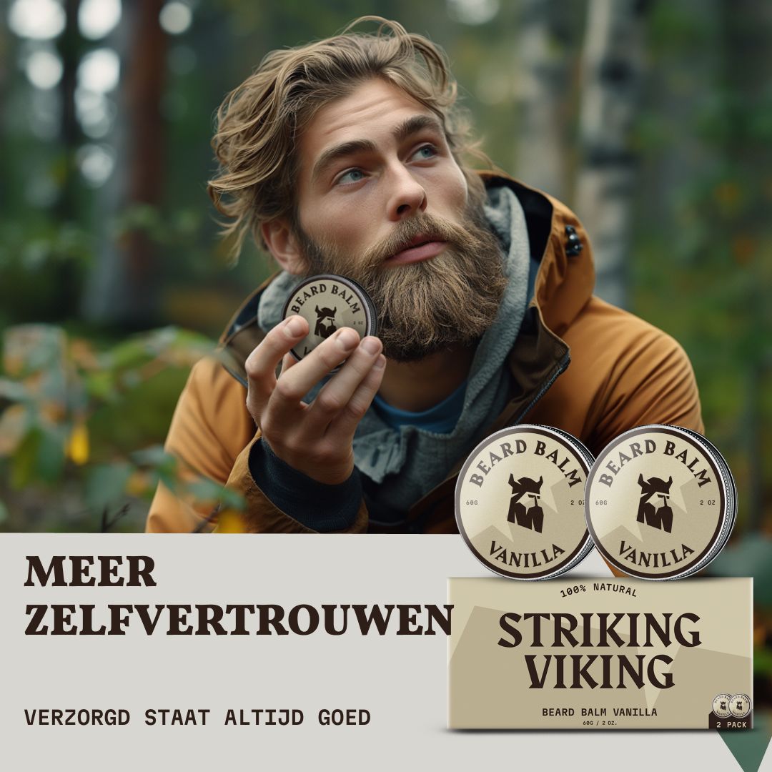 Man met baard houdt blik baardbalsem vast, twee blikken en een verpakking in het bos.