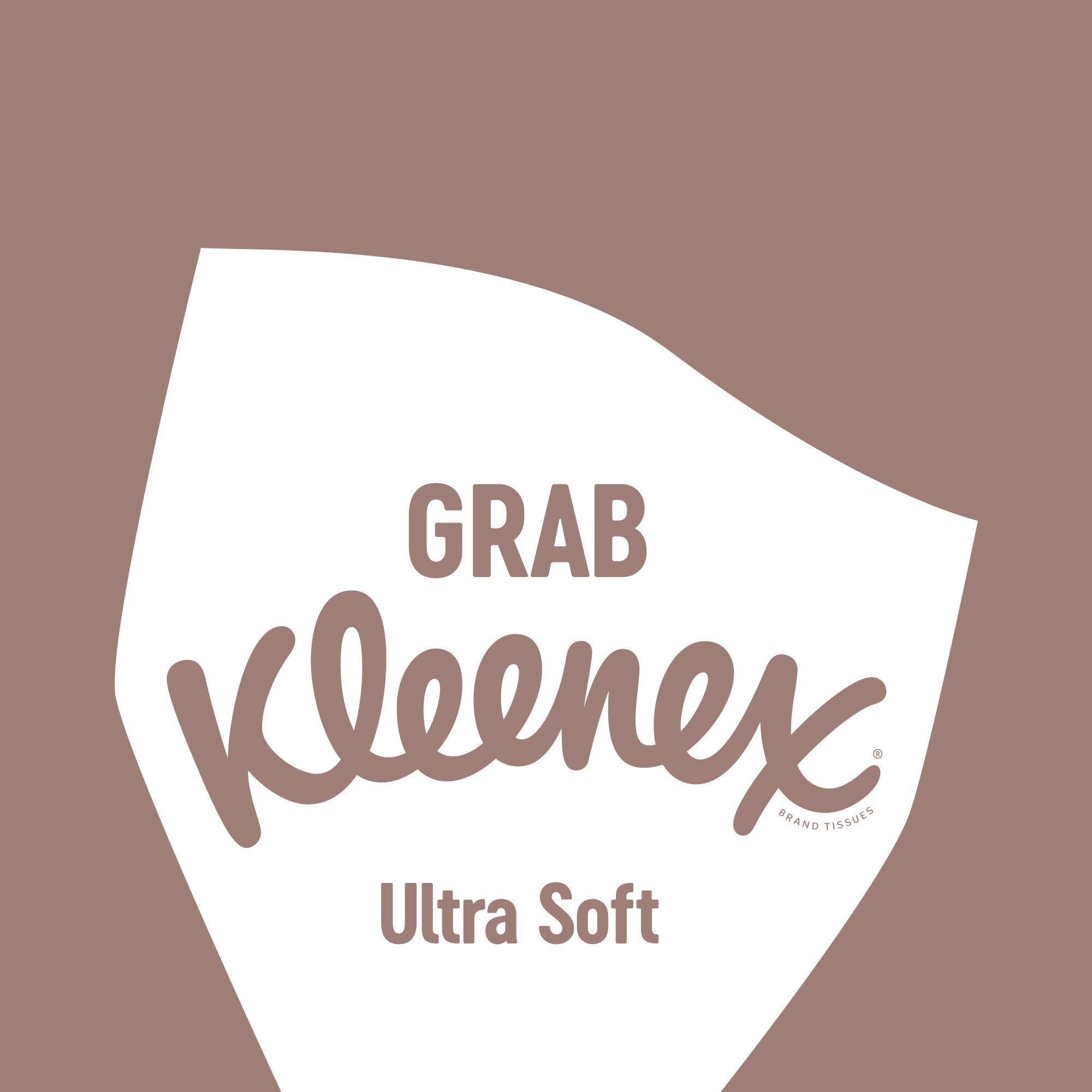 Logo Kleenex Ultra Soft sur fond blanc. Texte : Grab Kleenex Ultra Soft.