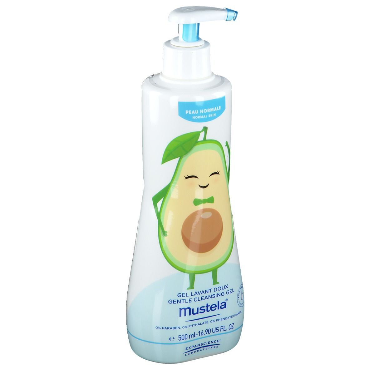 Witte fles met blauwe pomp. Avocado-illustratie. Tekst: Mustela, Zachte reinigingsgel. Opschrift: 500 ml.