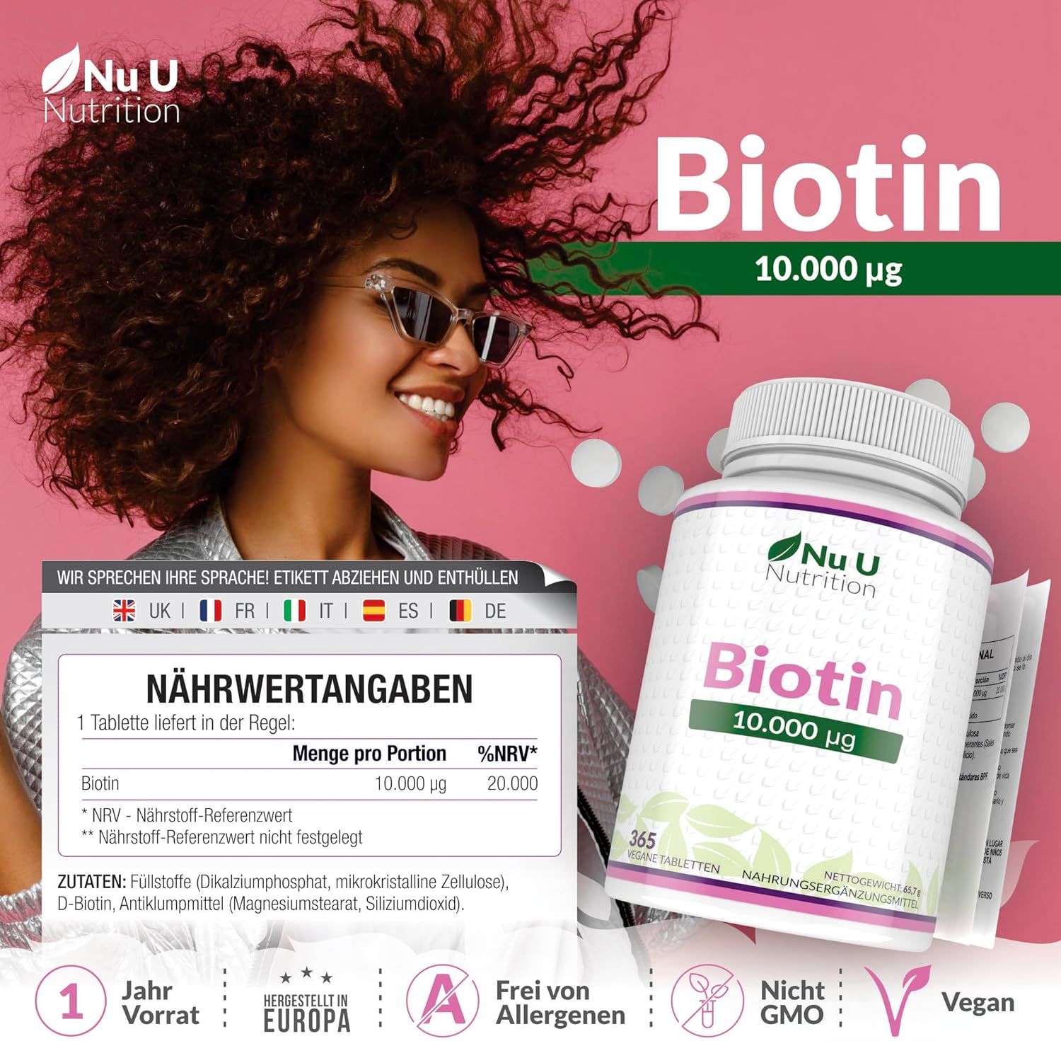Fles Biotine 10.000 mcg Nu U Nutrition. Vrouw met bril. Voedingswaarde-informatie. 365 tabletten. Veganistisch.