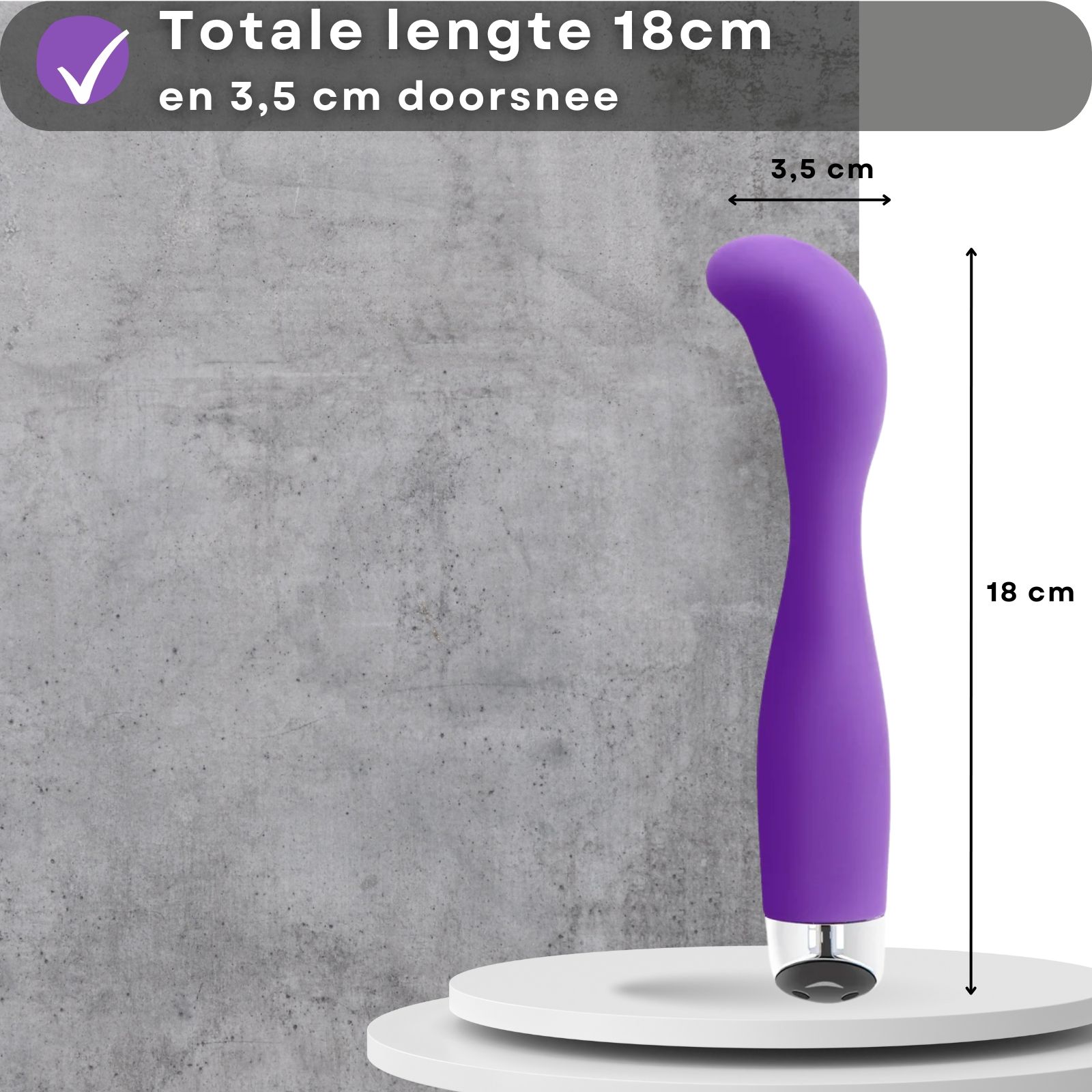 Paarse vibrator. Siliconen, gebogen vorm. Afmetingen: 18 cm lang, 3,5 cm diameter.