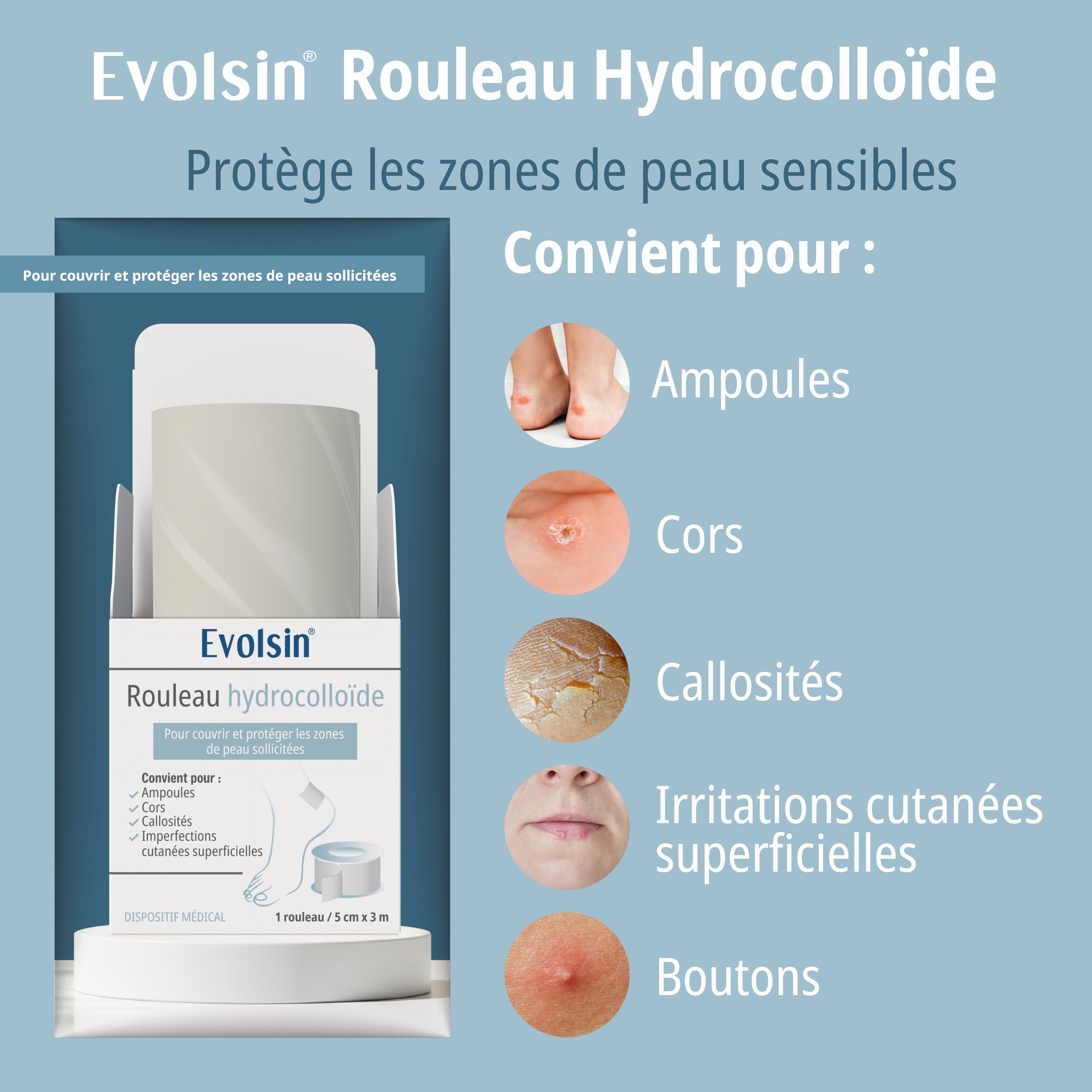 Rouleau Evolsin Hydrocolloïde: Montre le rouleau et son application pour les problèmes de pieds.