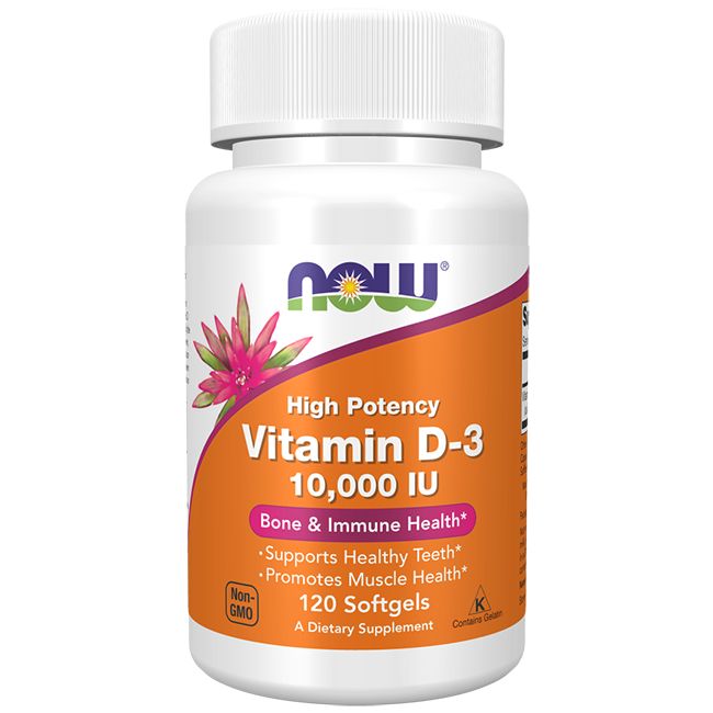 Witte fles met oranje etiket. Opschrift: Vitamin D-3 10.000 IU, 120 softgels. Bevat het Now Foods logo.