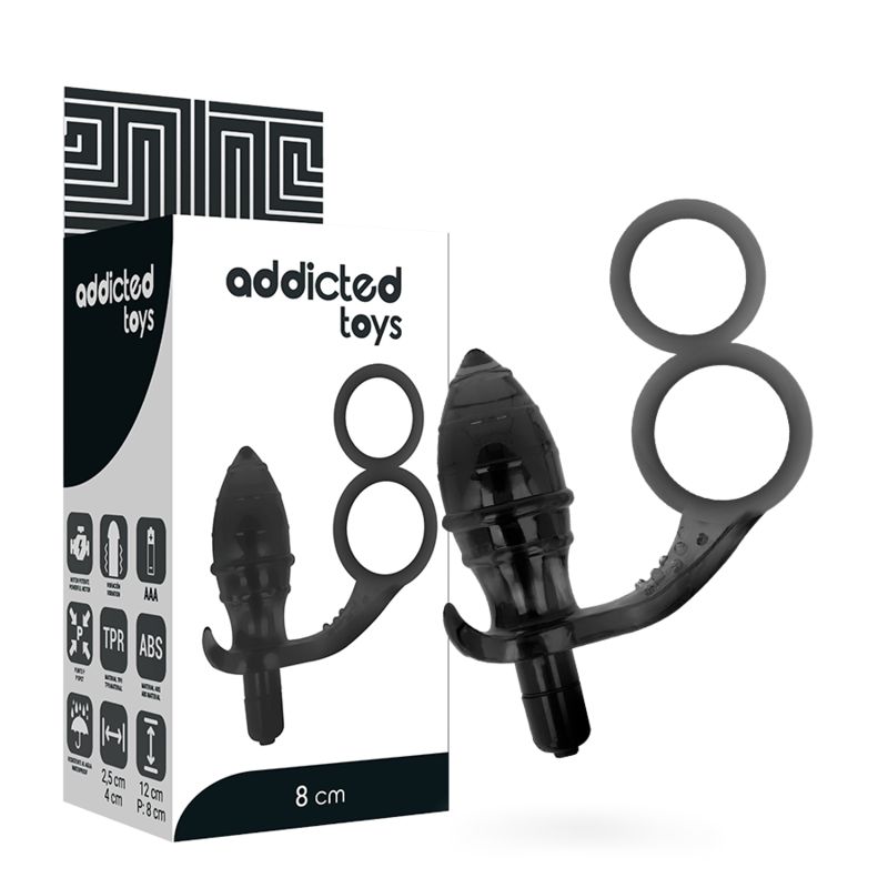 Zwarte anale plug met dubbele peniele ring, 8 cm lang, van TPR en ABS.