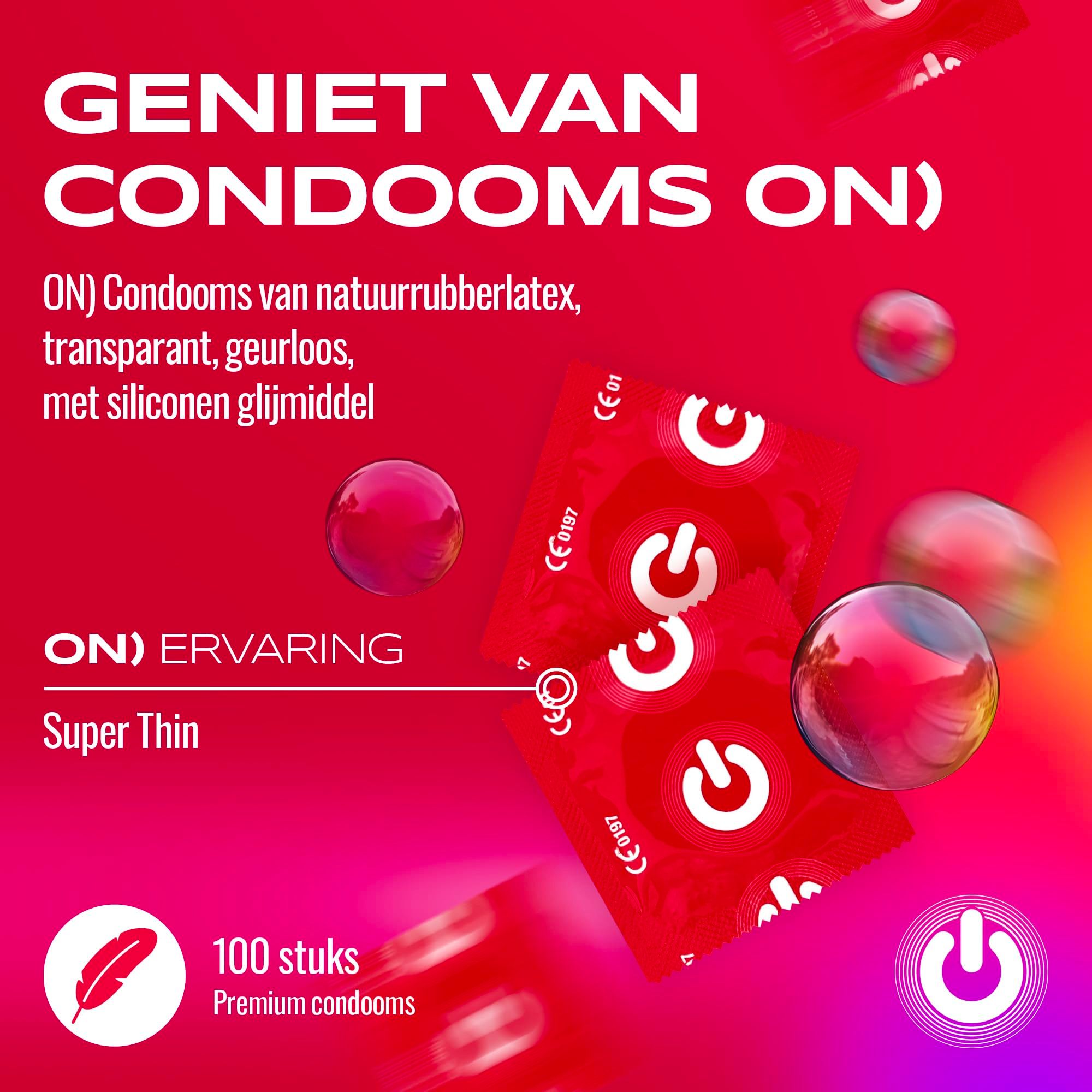 Grootverpakking van 100 individuele condooms, rood en wit verpakt, met aan/uit-knop logo.