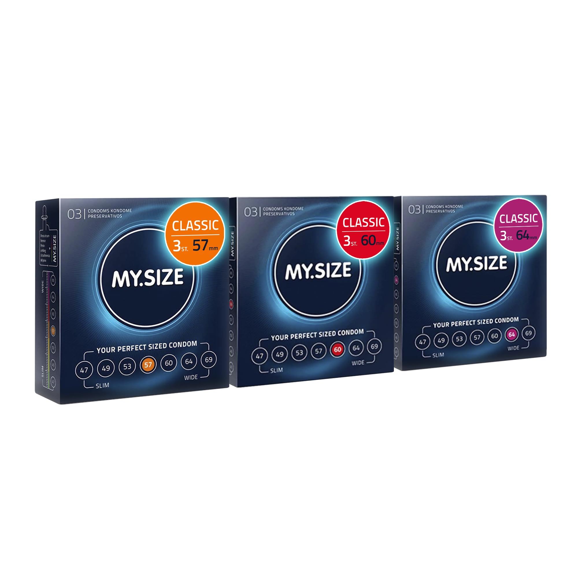 MY.SIZE condoompakketten: MIDI (10), MAXI (36), MEGA (80) met glijmiddel en massagekaars.