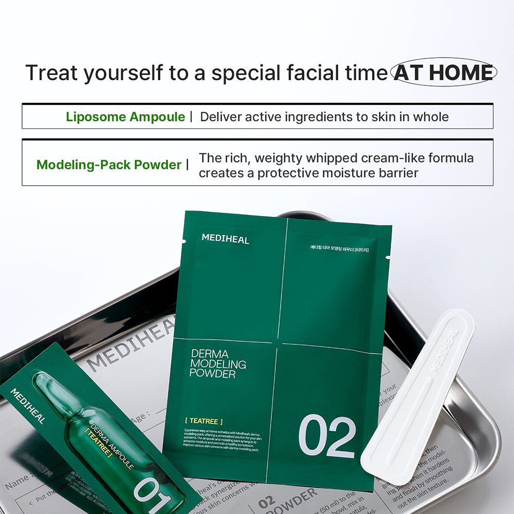 Emballage de MEDIHEAL Derma Modeling Pack. Ampoule et sachet de poudre. Accessoire: spatule. Nom et marque du produit visibles.