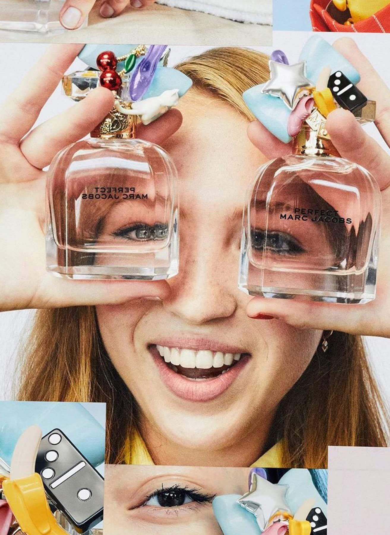 Deux flacons de parfum avec bouchon. Liquide rose, col doré, bouchon avec étoile, banane, domino. Femme tenant les flacons devant les yeux.