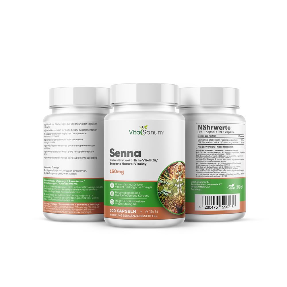 Drie flessen VitaSanum Senna capsules. Opschrift: Senna, 150mg, 100 capsules. Achterkant met voedingswaarde.