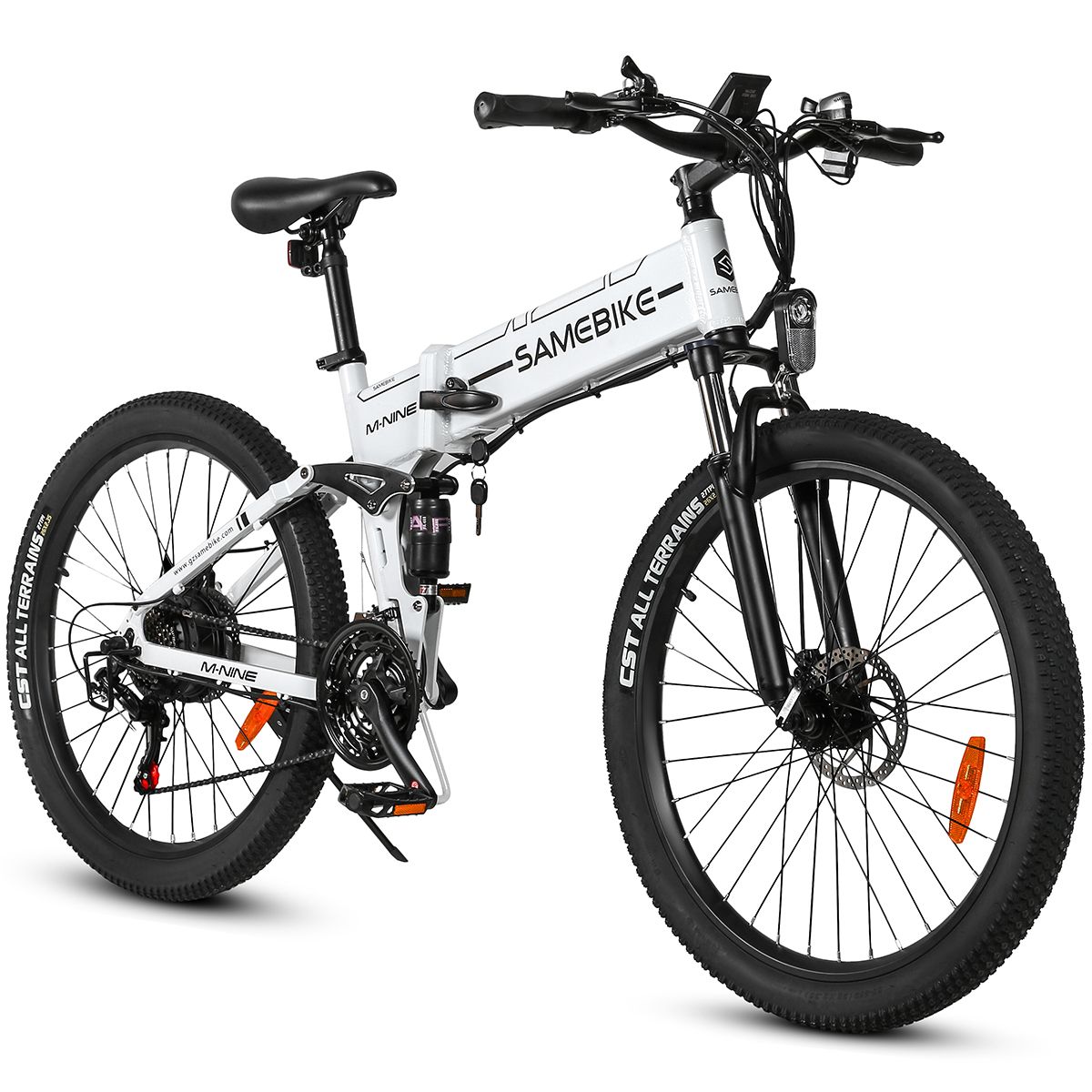 Vélo électrique pliable blanc et noir. Marque SAMEBIKE. Gros pneus, freins à disque. Détails : selle, guidon, pédales.