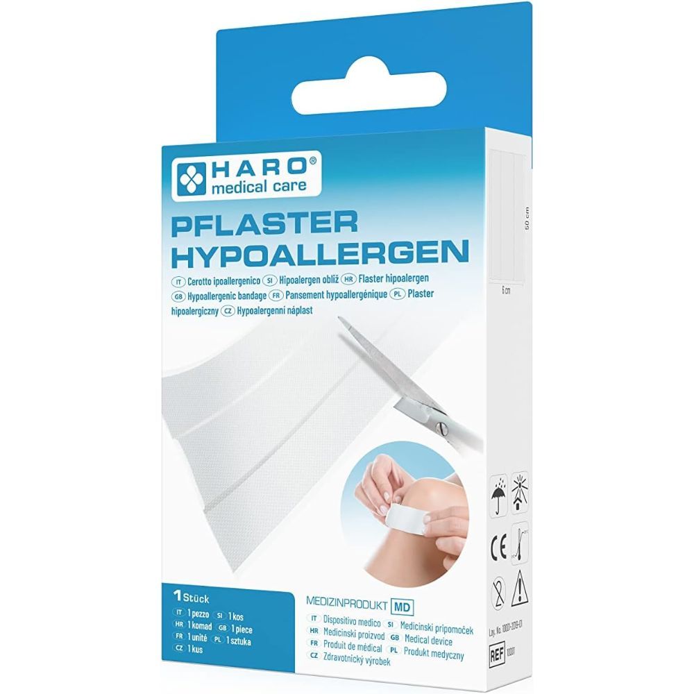 Verpakking van Haro Pflaster hypoallergen. Opschrift: Pflaster hypoallergen. Schaar en pleisterstrips afgebeeld. Medisch hulpmiddel.