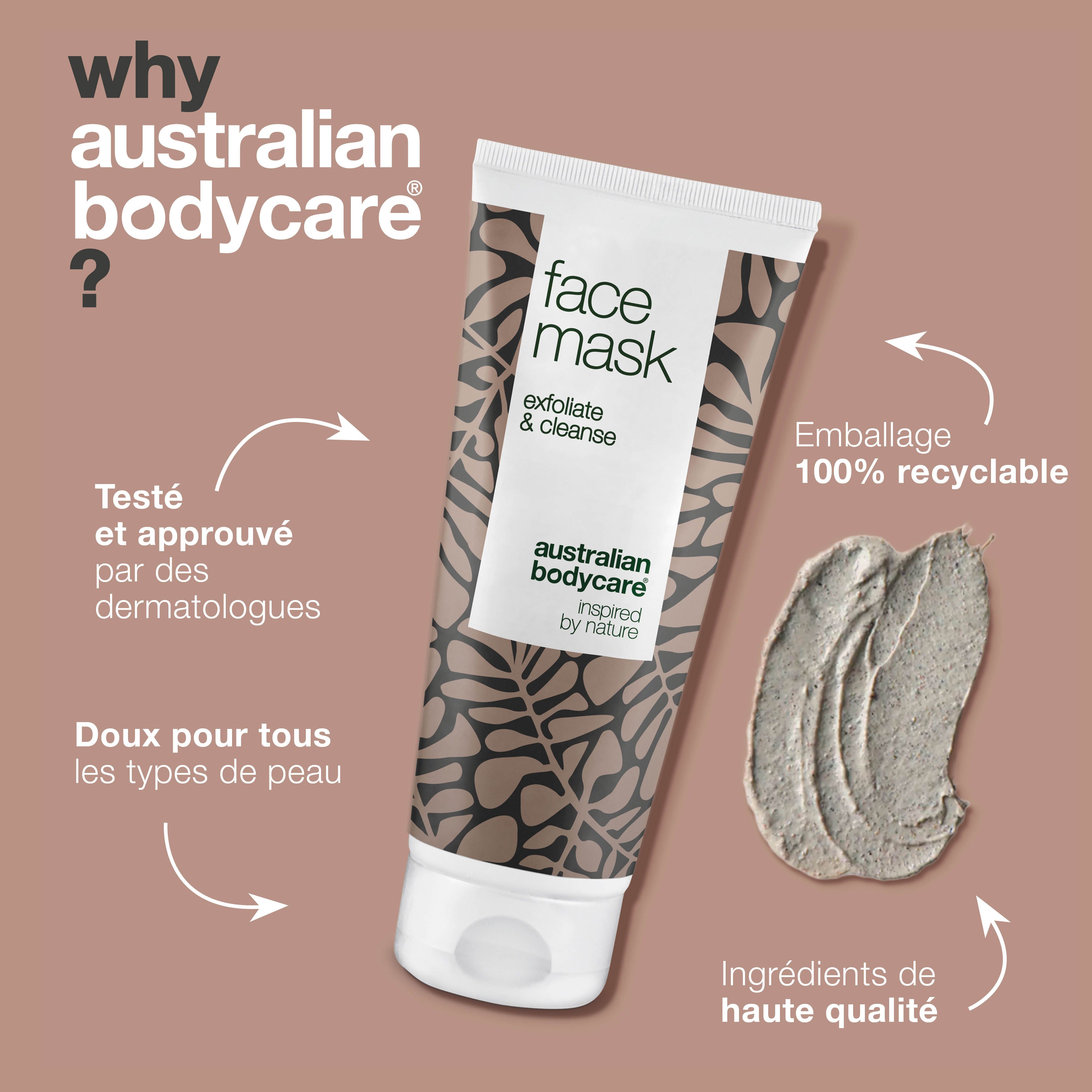 Tube de masque facial, texte: Face Mask, exfoliate & cleanse, Australian Bodycare. Texte: Emballage 100% recyclable.