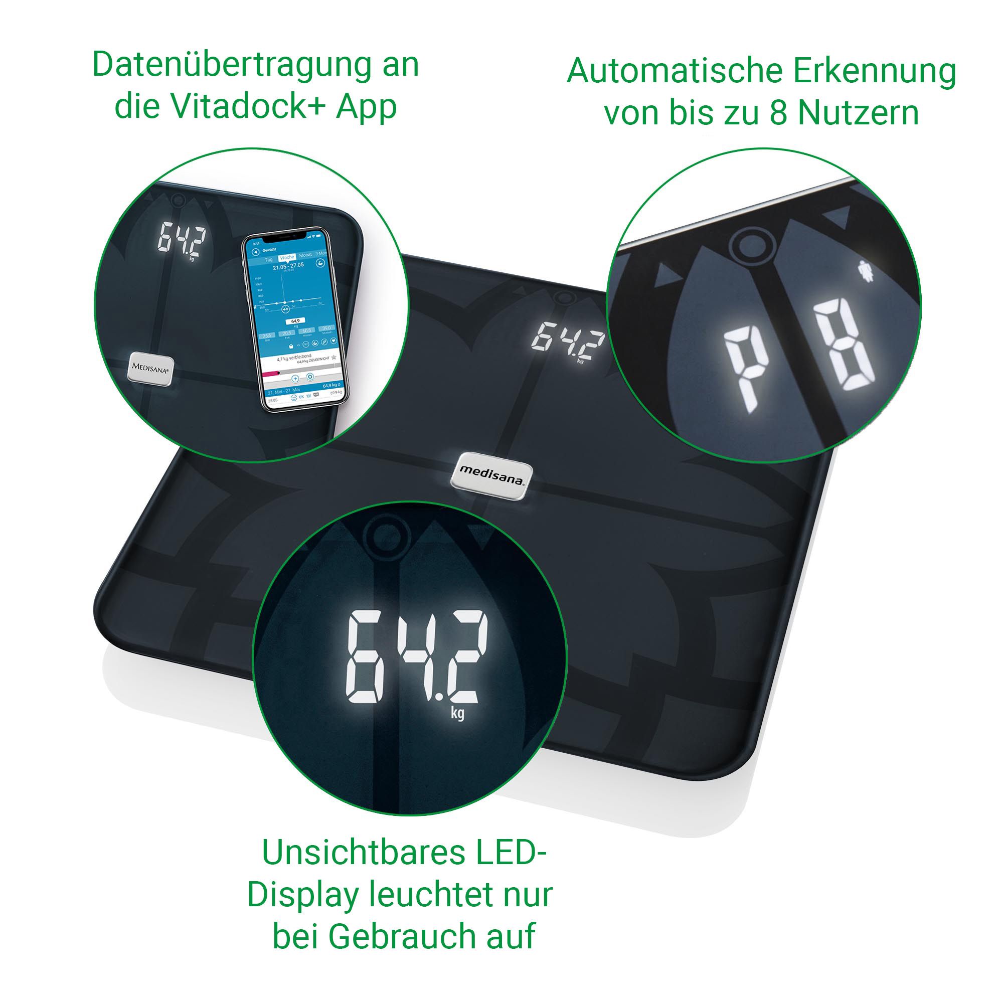 Lichaamsanalyseweegschaal met weergave van gewicht, gebruikersherkenning en app-datatransfer.