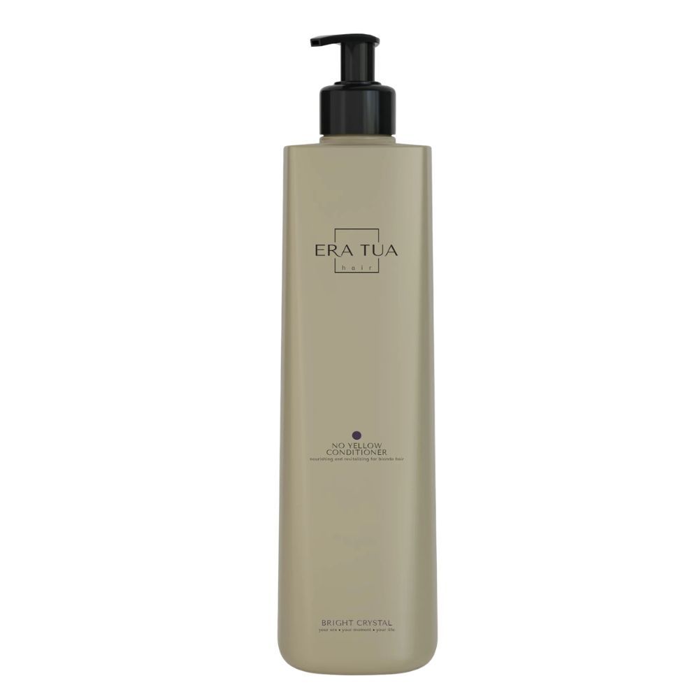 Flacon beige avec pompe noire. Inscription "ERA TUA". Texte : "Moisture Volume Conditioner", "Bright Crystal".
