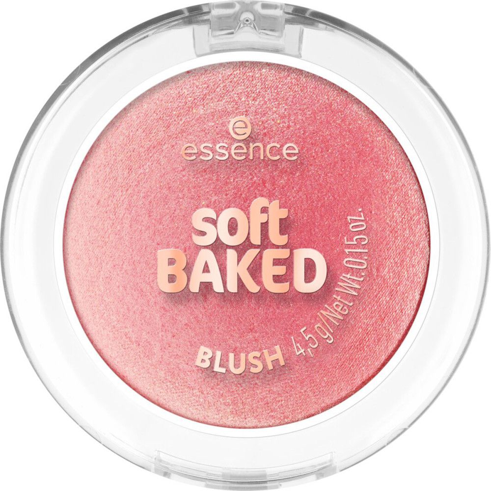 Roze blushpoeder in een transparante verpakking. Opschrift: Essence, Soft Baked Blush.