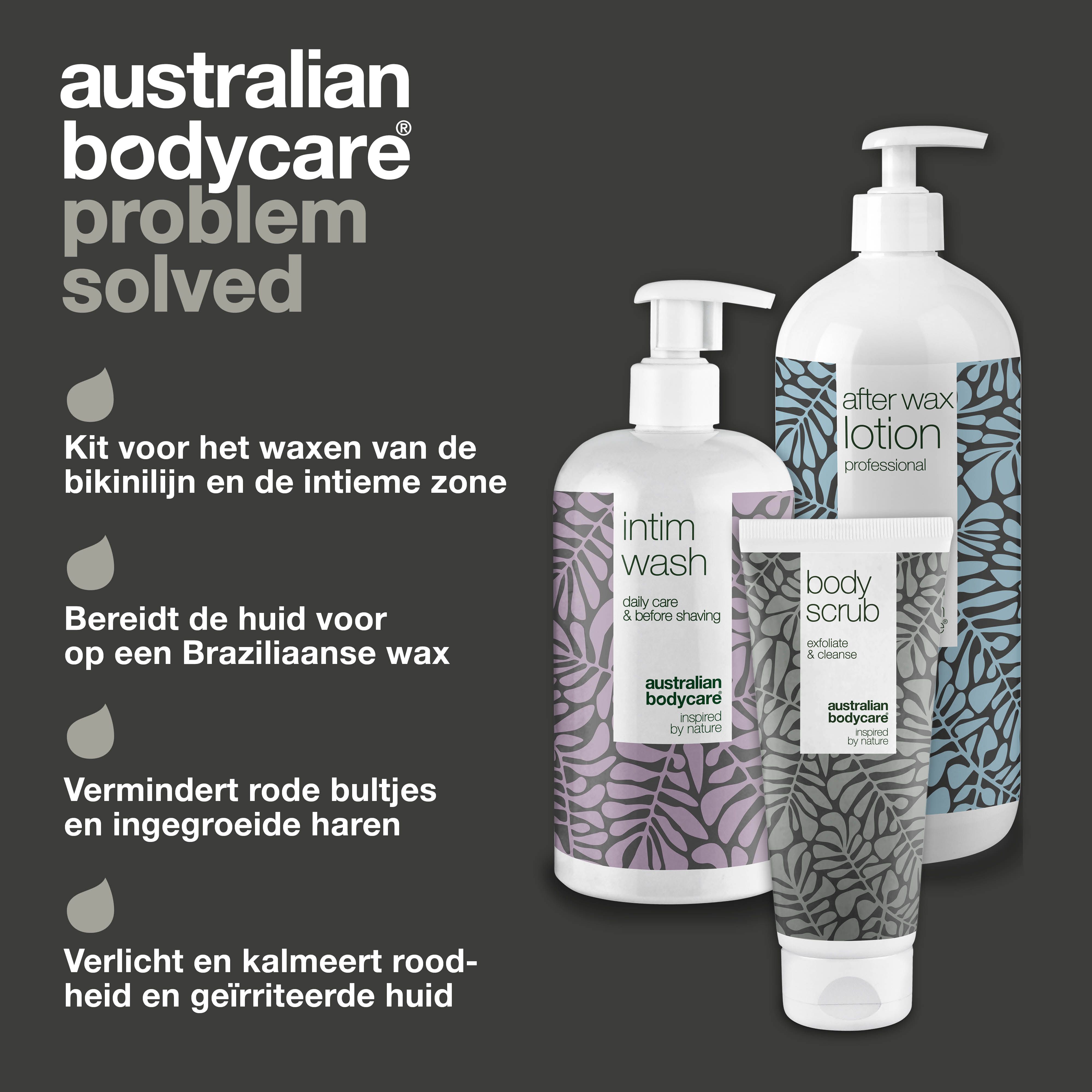 Drie producten: Intim Wash, After Wax Lotion, Body Scrub. Tekst: Australian Bodycare. Tekst in het Nederlands.