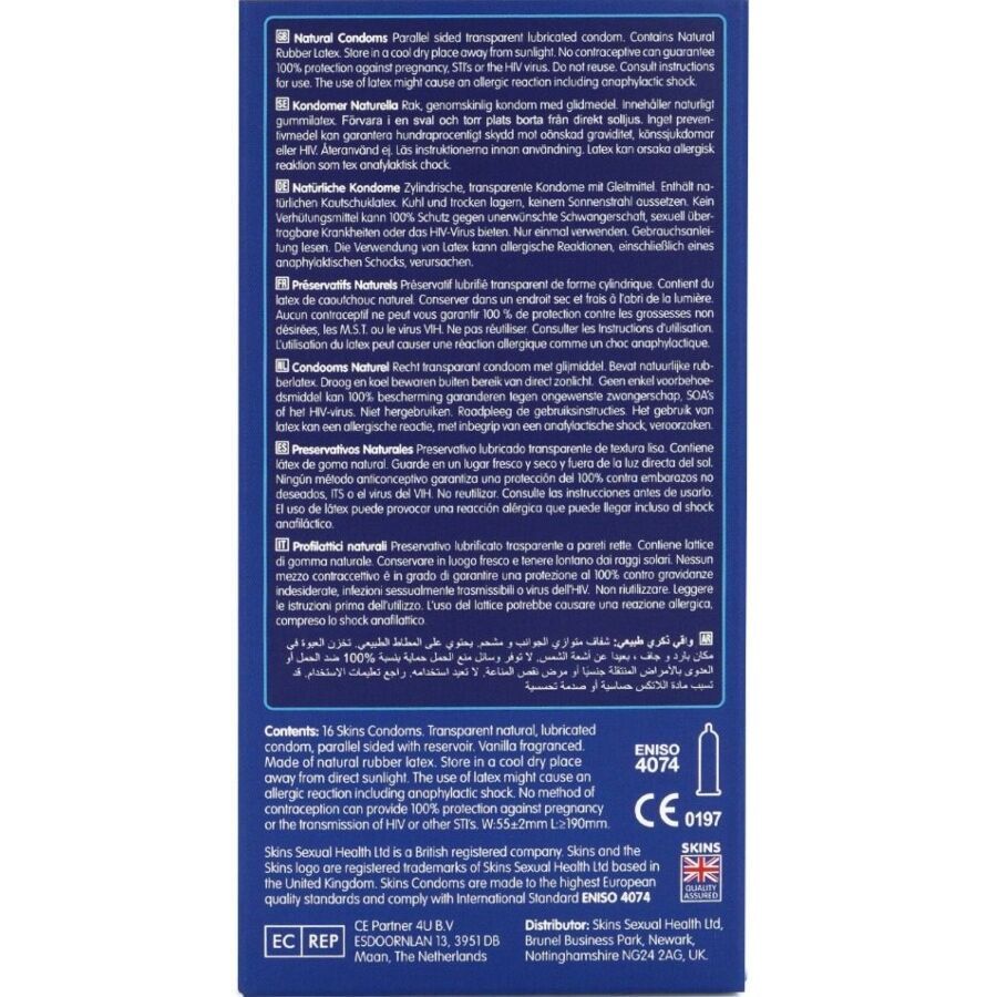 Dos d'une boîte bleue avec texte multilingue. Contient des informations sur les ingrédients et les certifications.