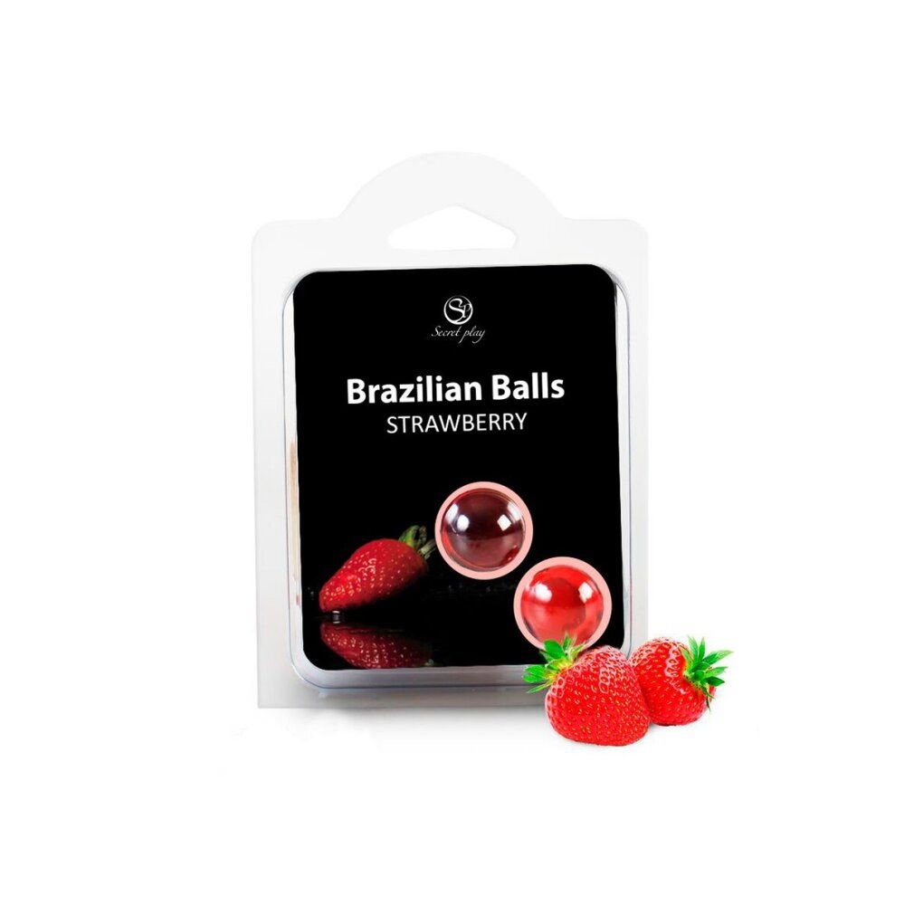 Emballage avec deux billes brésiliennes rouges et des fraises. Marque : Secret Play.