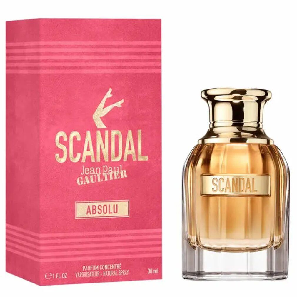 Flacon de parfum et emballage. Flacon avec bouchon doré, inscription Scandal. Emballage rose avec inscription Scandal Absolu.