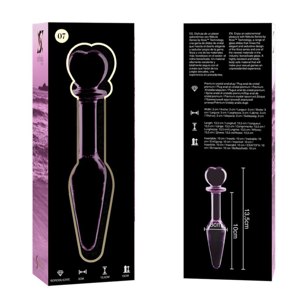 Verpakking en roze glazen anale plug met hartvormige top.