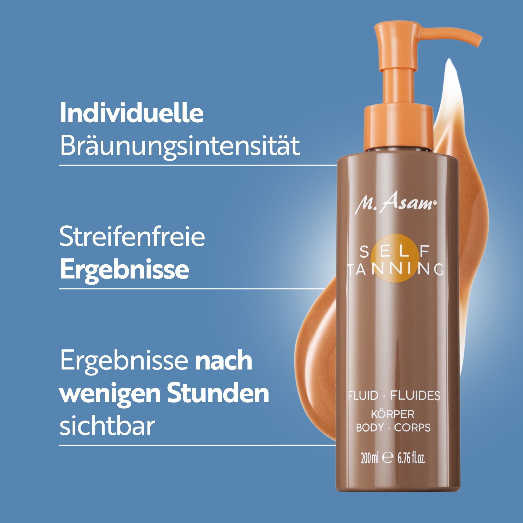 Flacon et goutte de fluide bronzant. Texte: Intensité de bronzage personnalisée, résultats sans traces, résultats visibles en quelques heures.