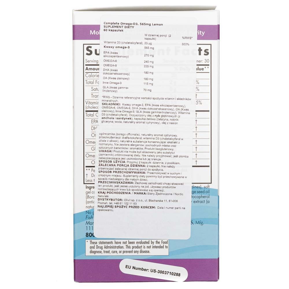 Achterkant van de Nordic Naturals Complete Omega-D3 verpakking met voedingsfeiten en ingrediënten in het Pools.