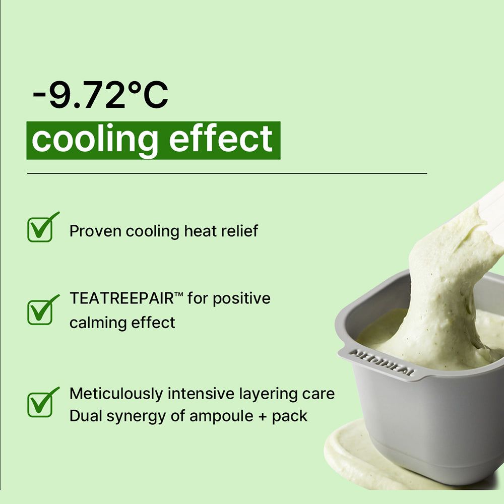 Produit dans un récipient. Texte: Effet rafraîchissant, Teatree Repair. Nom du produit non visible.