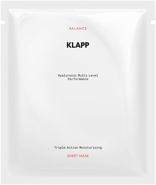 Enkele, transparante verpakking met productinformatie. Opschrift: KLAPP, Hyaluronic Multi Level Performance, Sheet Mask.