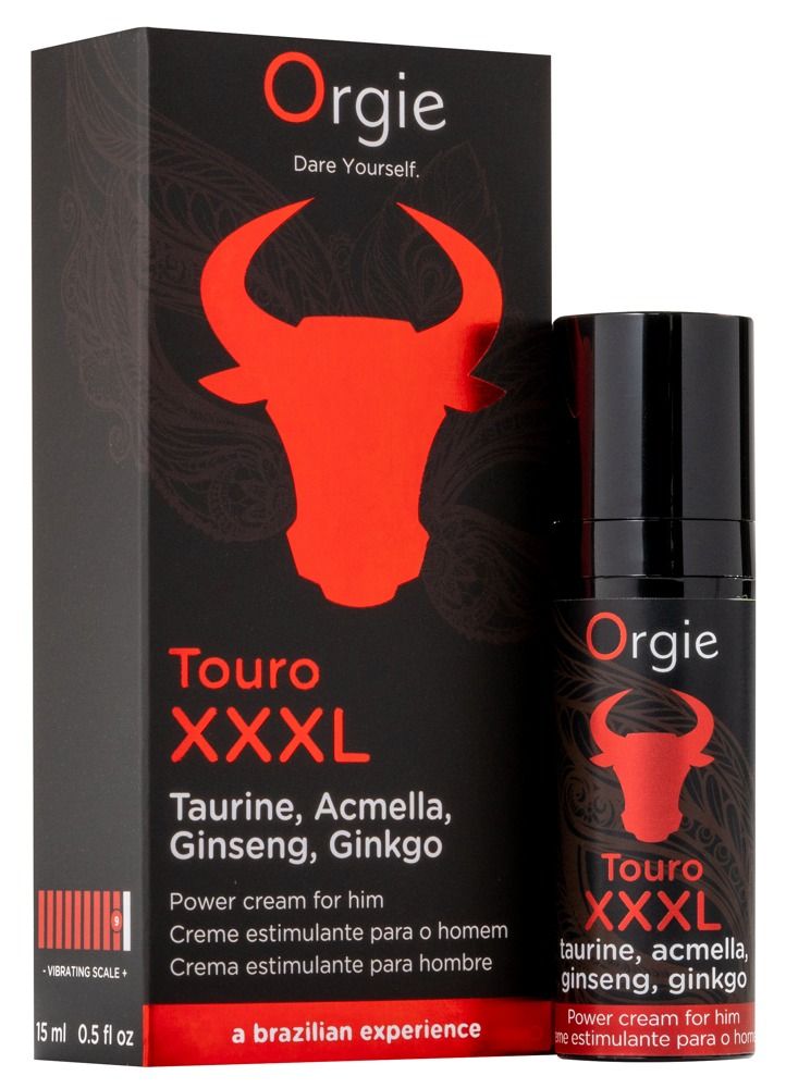 Emballage et flacon: Orgie Touro XXL Power Cream. Boîte noire avec tête de taureau rouge. Ingrédients: Taurine, Acmella, Ginseng, Ginkgo.