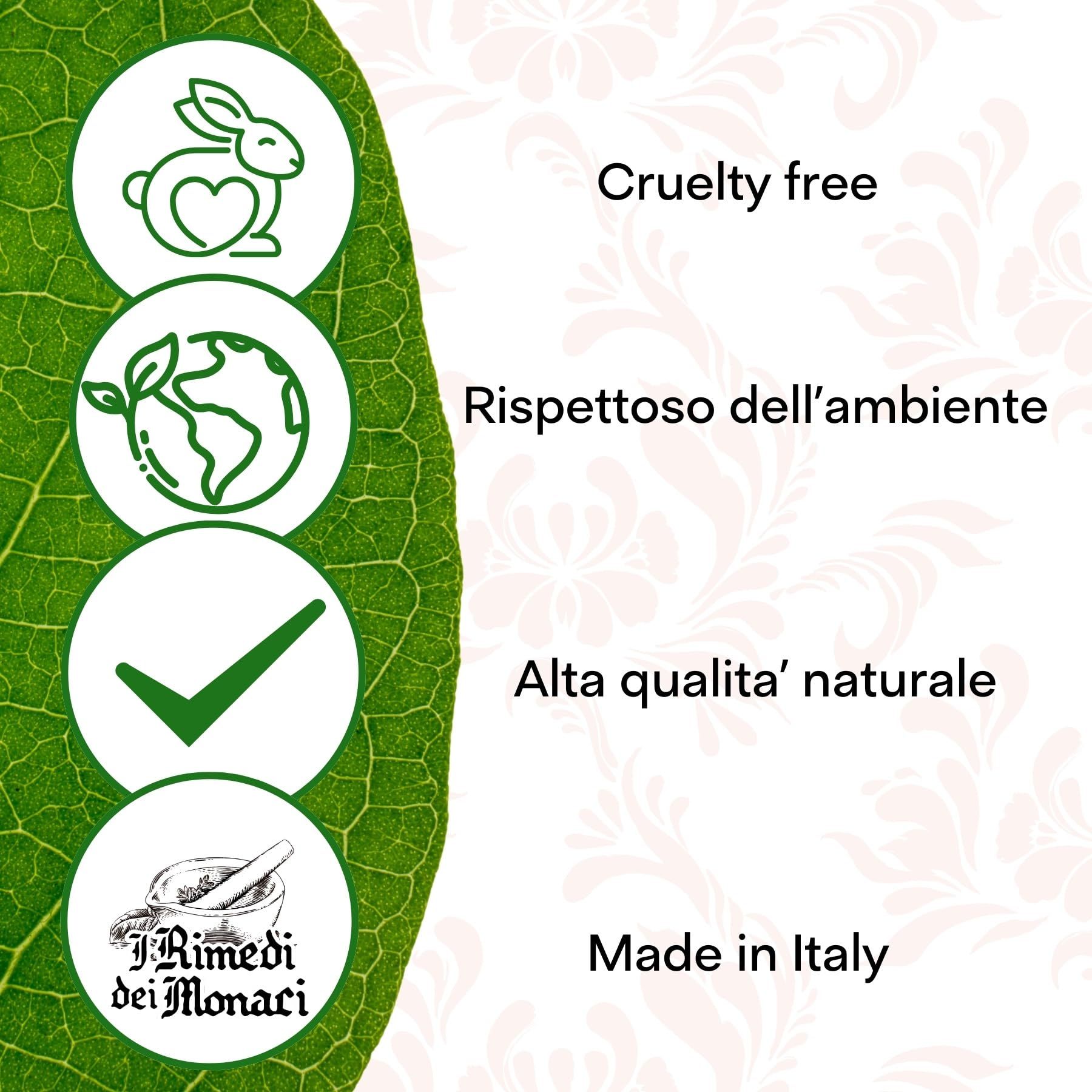 Cirkelvormige symbolen met tekst. Cruelty free, Milieuvriendelijk, Hoge natuurlijke kwaliteit, Made in Italy. Logo: I Rimedi dei Monaci.