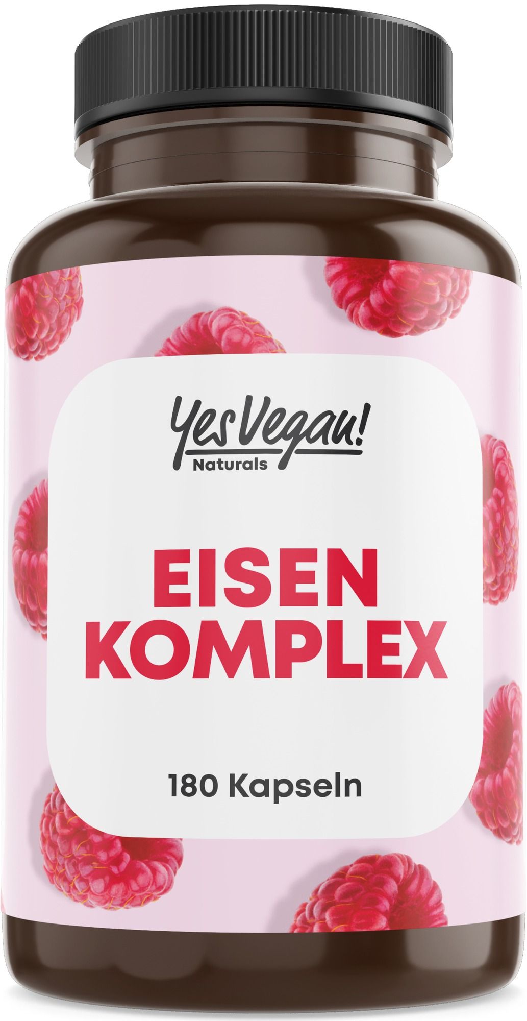 Bocal brun avec étiquette rouge "EISEN KOMPLEX" et "180 Kapseln". Motif framboise.