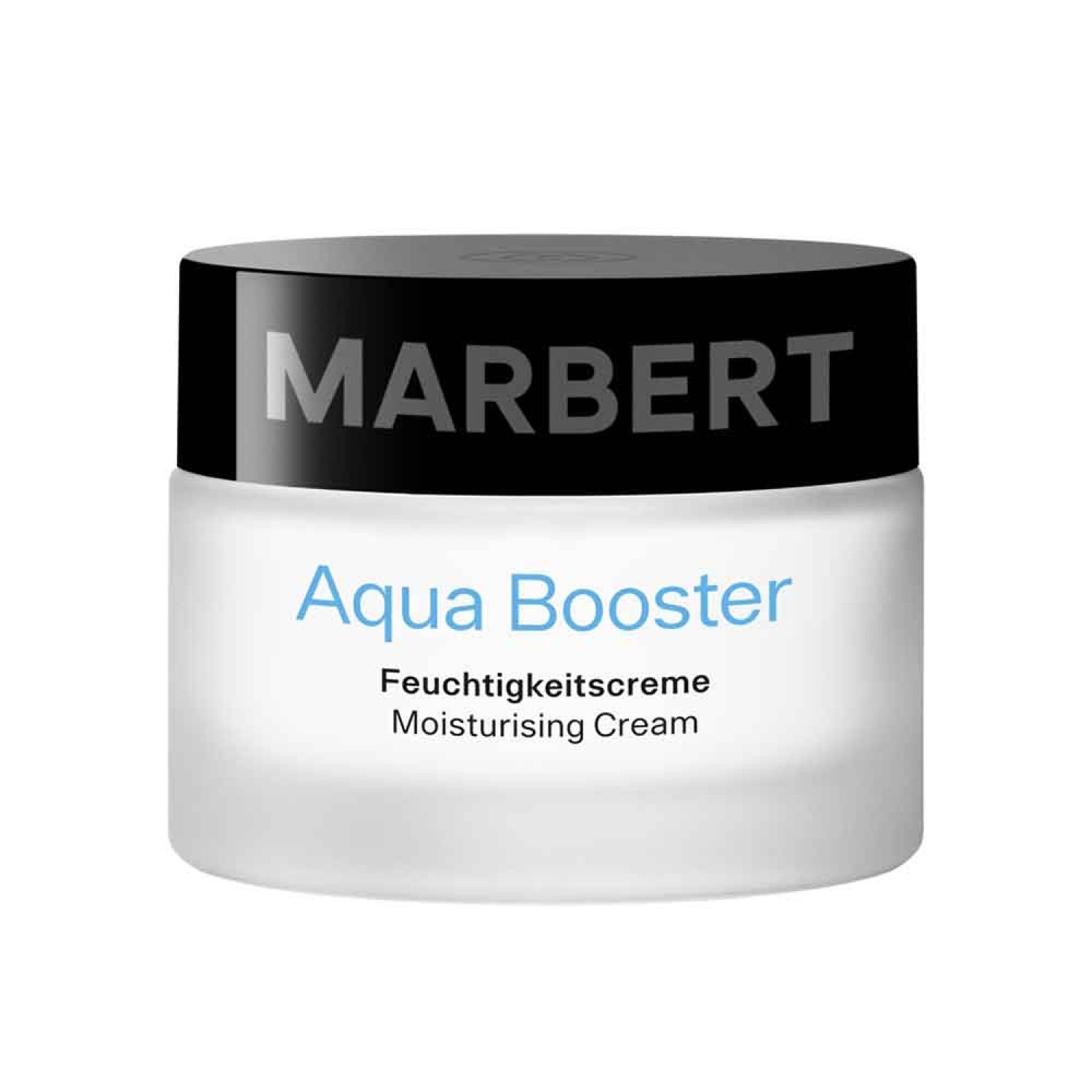 Crèmetiegel met zwarte deksel. Opschrift MARBERT, Aqua Booster, Feuchtigkeitscreme, Moisturising Cream.