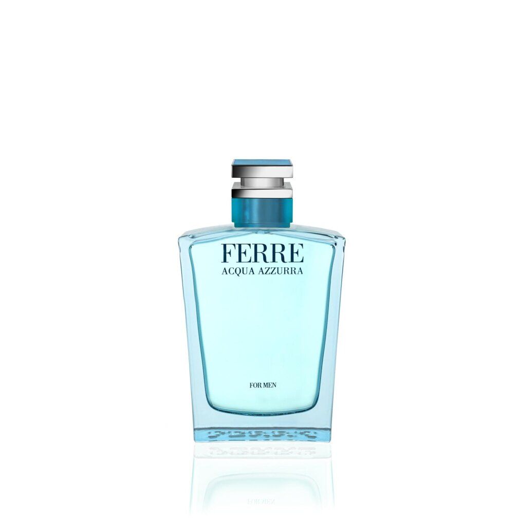 Flacon de parfum bleu clair. Inscription: FERRE, ACQUA AZZURRA, FOR MEN. Flacon avec bouchon argenté.