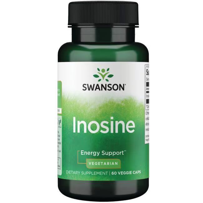 Flacon vert avec bouchon noir. Étiquette "SWANSON Inosine", "Energy Support" et "Vegetarian". 60 gélules.
