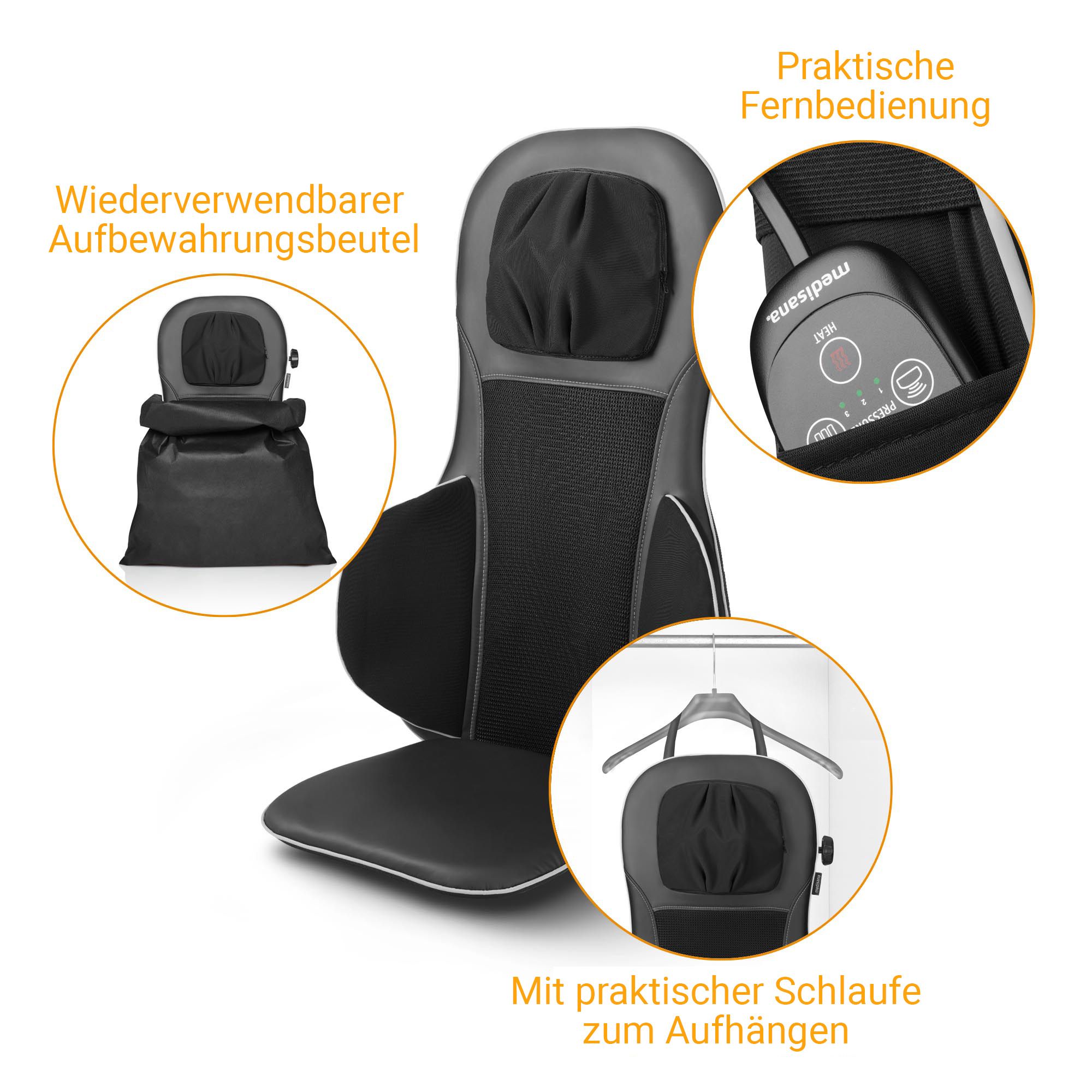 Massagemat met accessoires: opbergzak, afstandsbediening en ophanglus.