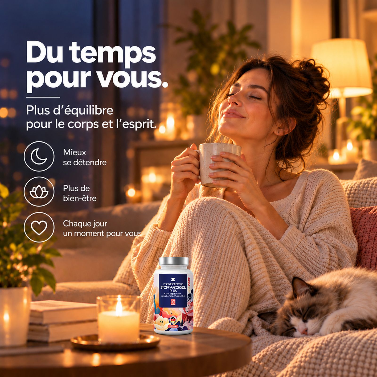 Femme se détendant le soir, bouteille SonneSee Stoffwechsel Komplex sur la table. Focus sur le bien-être.