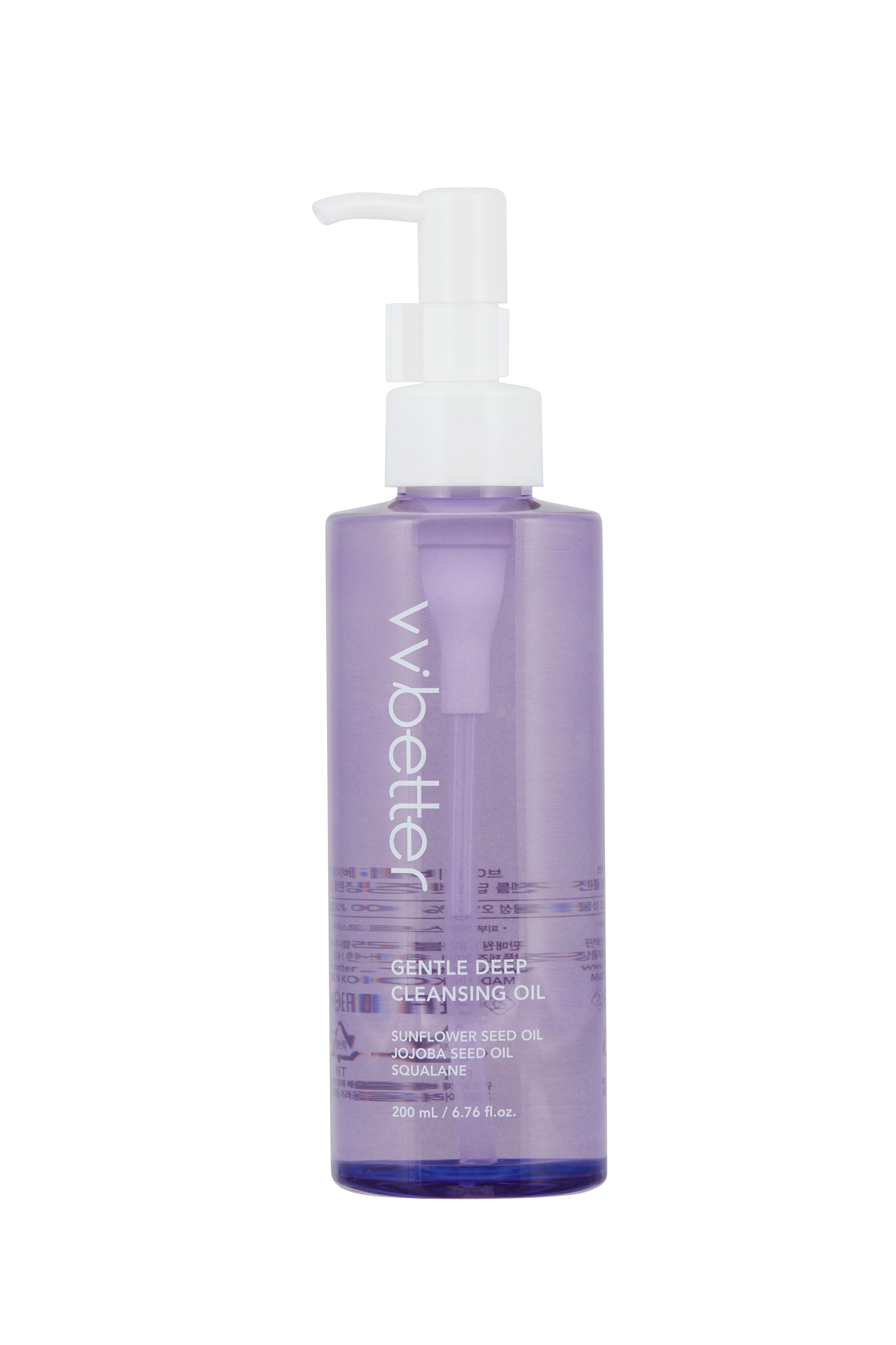 Paarse fles met pomp. Wit "vvbetter" logo. Tekst: "Gentle Deep Cleansing Oil", ingrediënten, 200 ml.