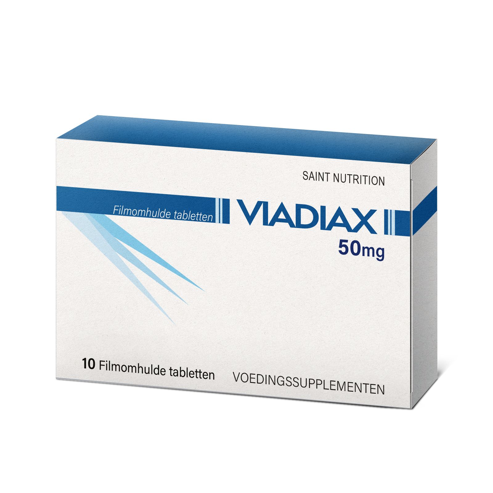 Verpakking van Viadiax® Filmtabletten. Tekst: Filmomhulde tabletten, 50mg. 10 tabletten. Merk: Saint Nutrition.