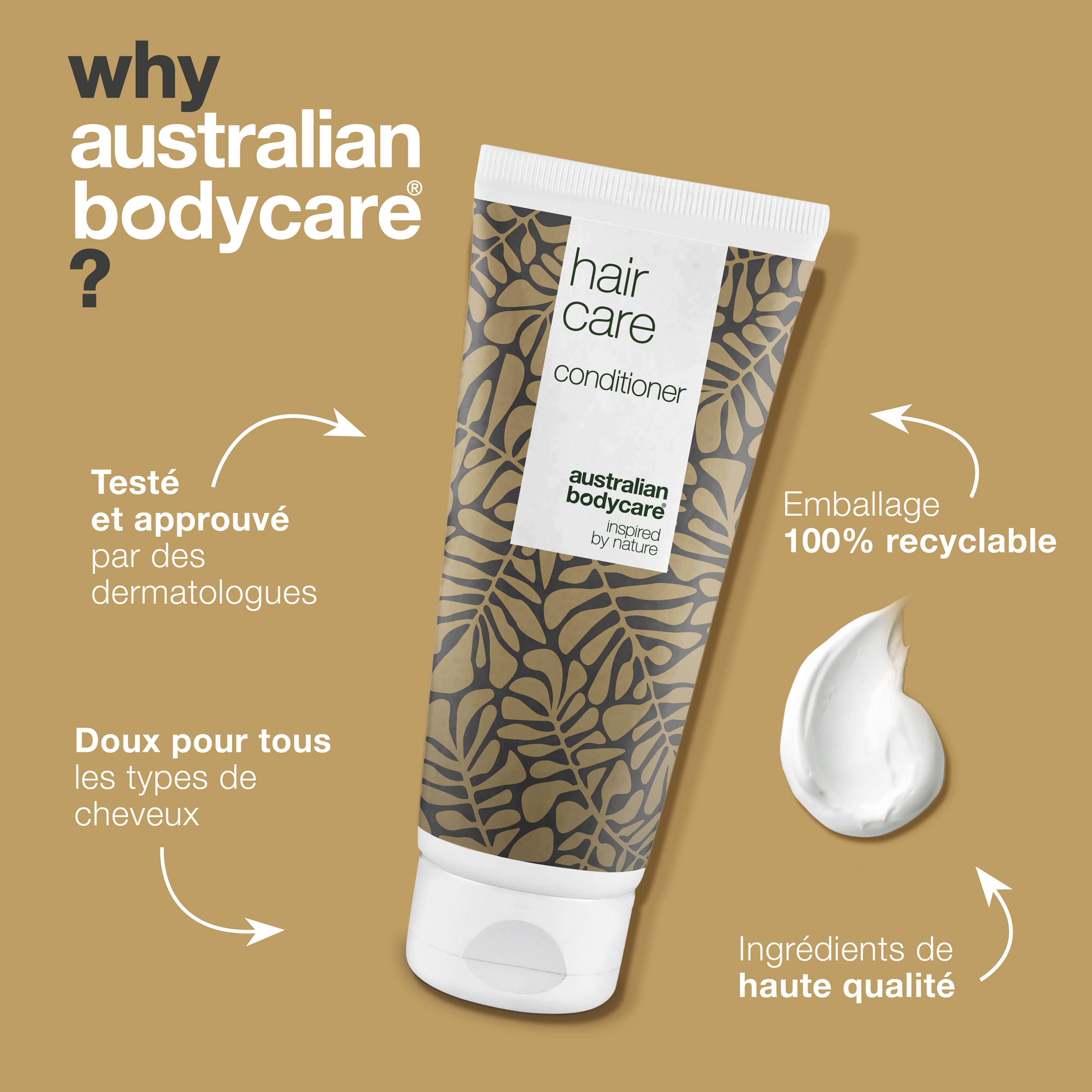 Concept produit. Tube de revitalisant capillaire. Inscription : Hair Care, Conditioner, Australian Bodycare. Texte : Emballage 100% recyclable.
