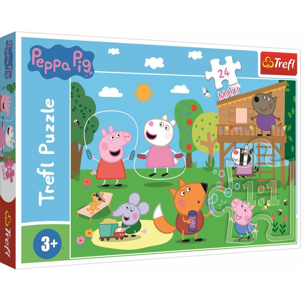 Puzzeldoos Pz. Maxi Peppa Pig 24T. Afbeelding van Peppa Pig en vrienden in de tuin. Trefl logo, leeftijd 3+.