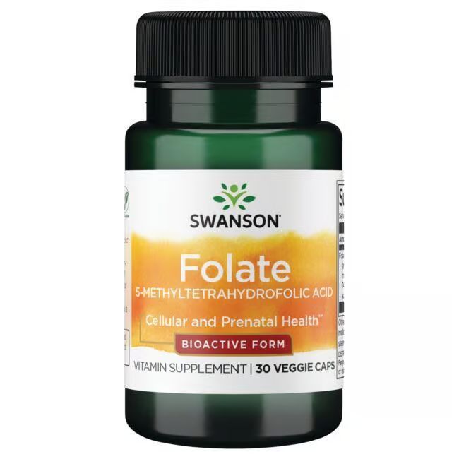Groene fles met zwarte dop. Etiket met productnaam, merk SWANSON en informatie. 30 veggie caps.