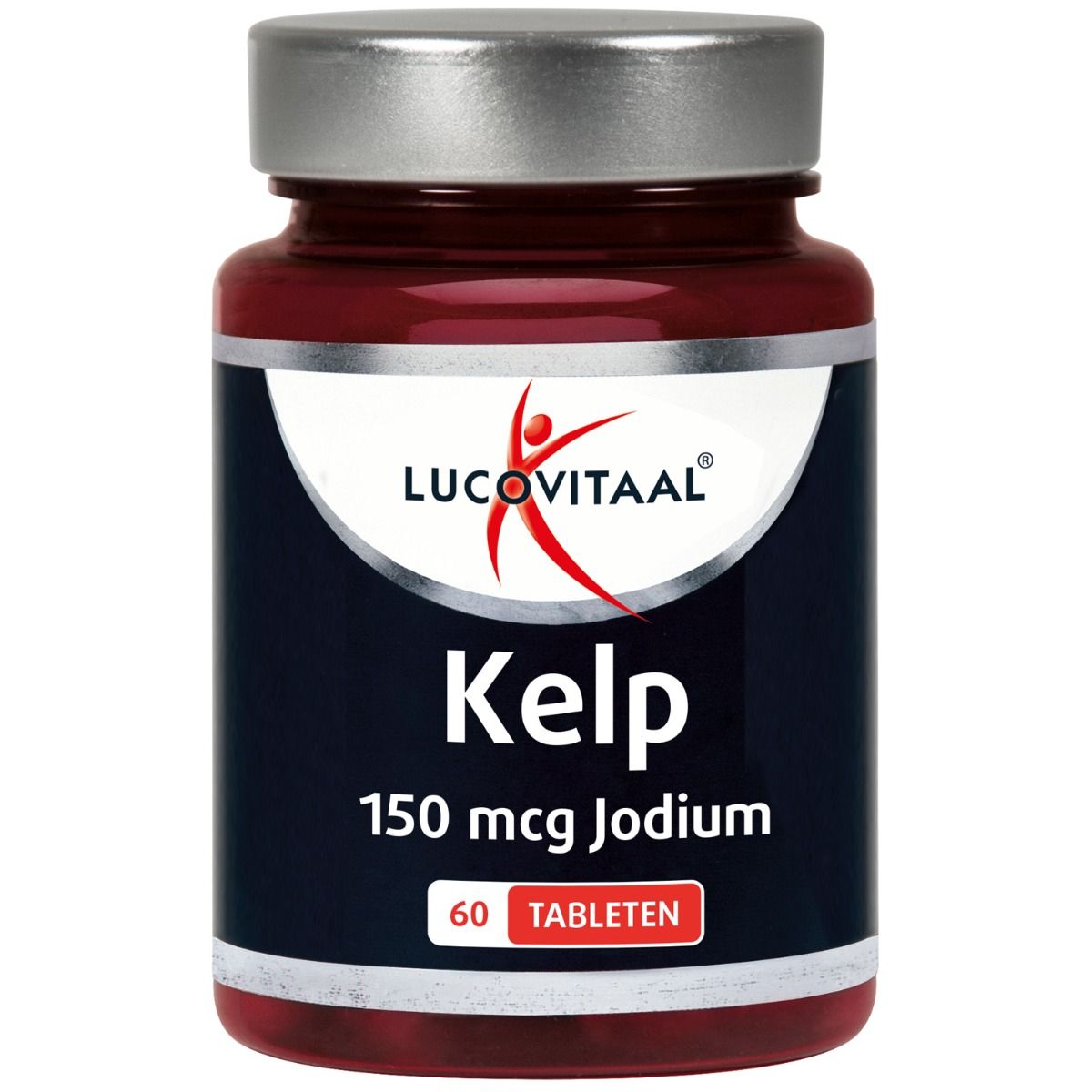 Bruine tablettenfles met zilveren dop. "Lucovitaal" logo en "Kelp" opschrift. Bevat 60 tabletten.