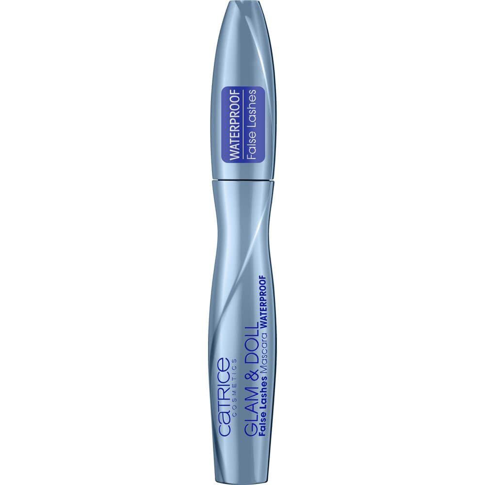 Blauwe mascara tube. Opschrift: Glam & Doll, False Lashes Mascara Waterproof. Verticale weergave.
