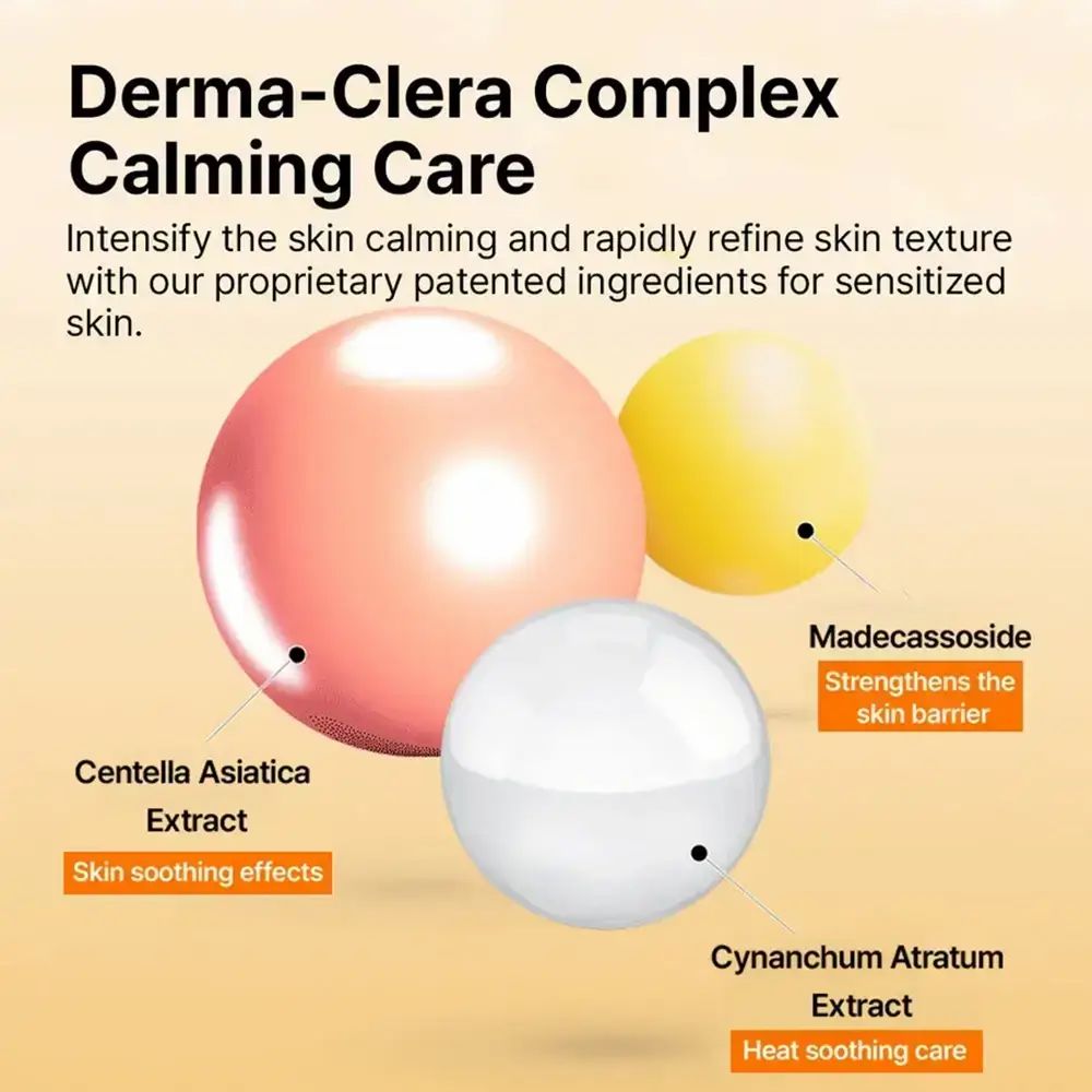 Drie gekleurde bollen met tekst. Tekst: Derma-Clera Complex Calming Care, Centella Asiatica Extract, Madecassoside, Cynanchum Atratum Extract.