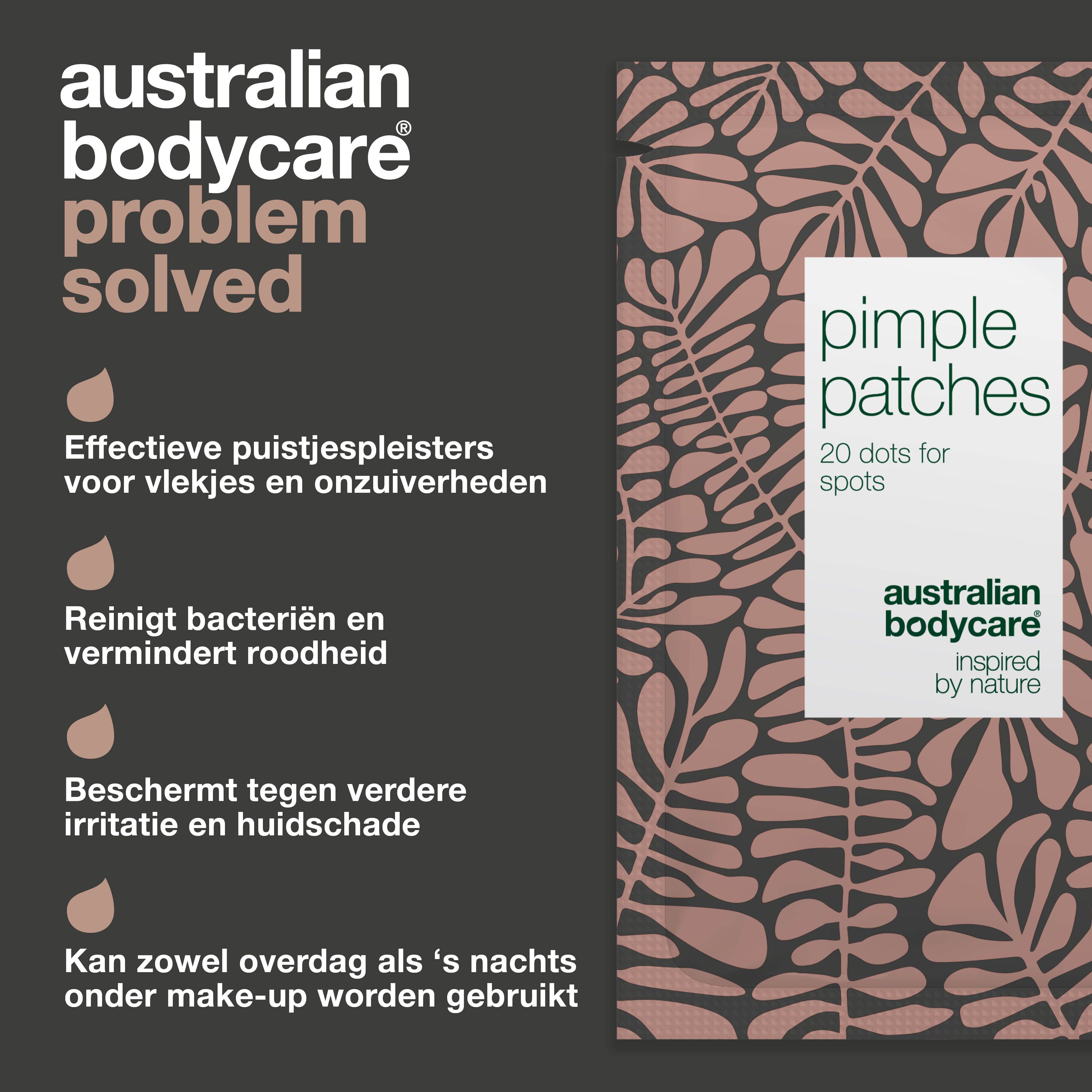 Productverpakking. Tekst: Pimple Patches, 20 dots for spots. Logo: Australian Bodycare. Tekst: Problem solved.
