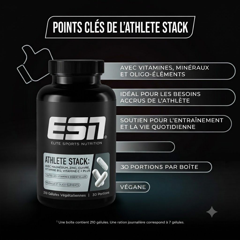 Boîte ESN Athlete Stack avec icône pouce levé. Liste des avantages : vitamines, minéraux, oligo-éléments, pour athlètes, entraînement, 30 portions, vegan.