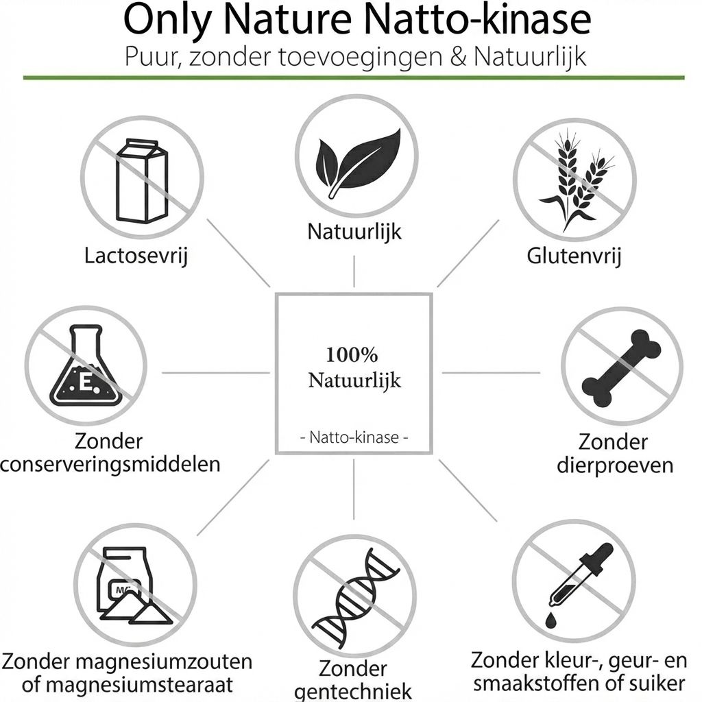 Infographic: Only Nature Nattokinase is '100% Natuurlijk', lactosevrij, glutenvrij, zonder dierproeven.
