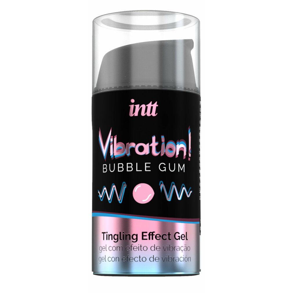 Cilindervormige gel met zwart etiket. Opschrift: INTT, Vibration! Bubble Gum, Tingling Effect Gel. Met zilveren dop.