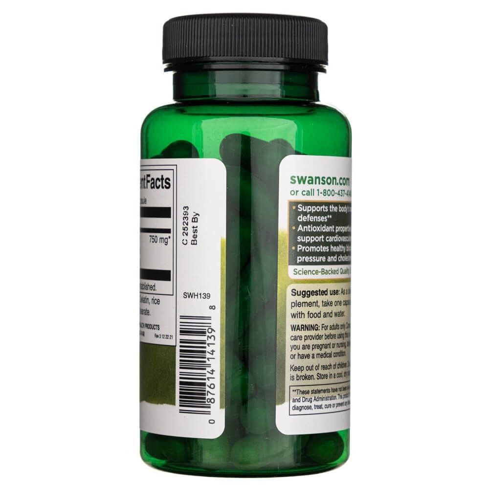 Achterkant van een groene fles SWANSON Olijfblad Extract met barcode en gebruiksaanwijzing.