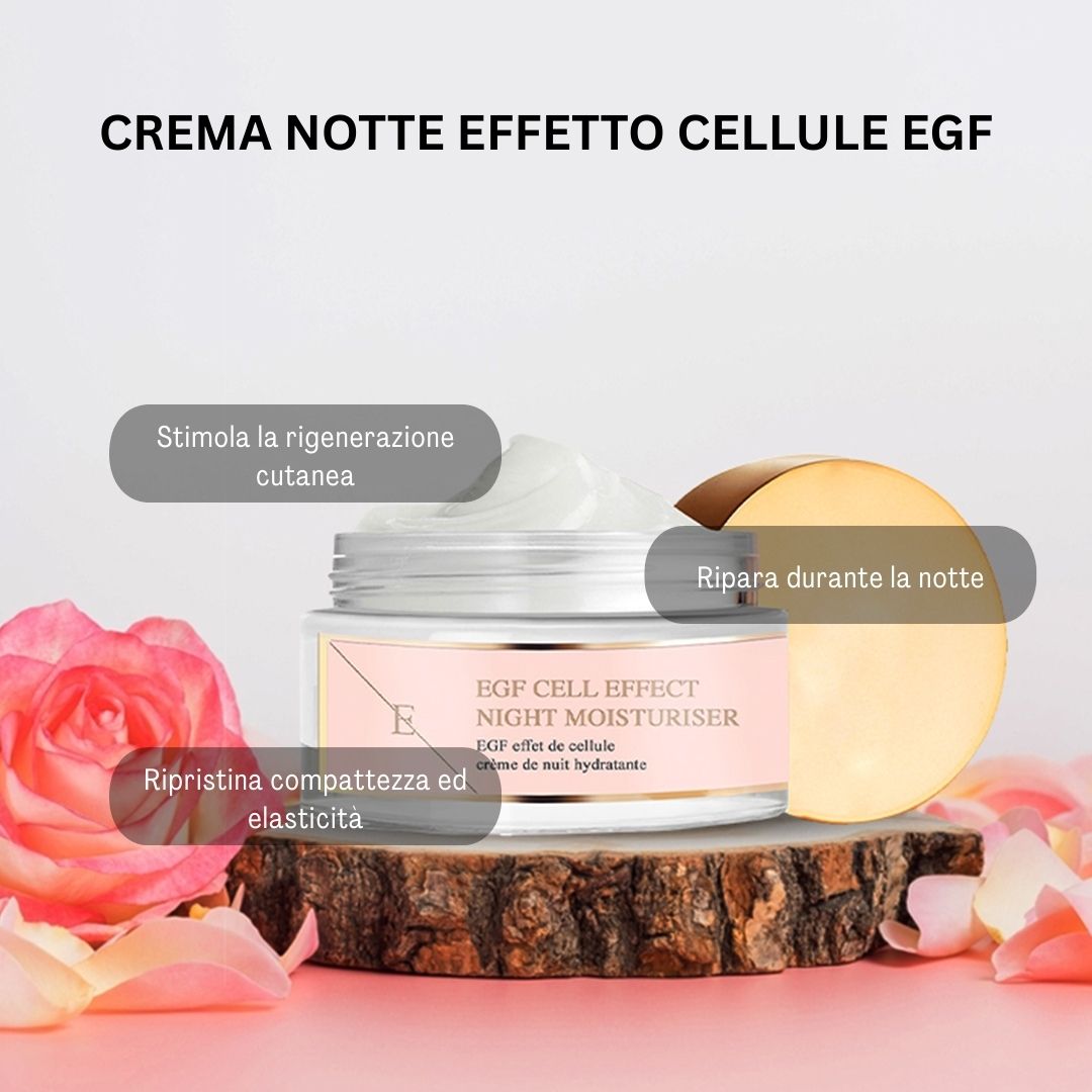 Crèmepot met gouden deksel op een houten schijf, omringd door rozenblaadjes. Opschrift: EGF Cell Effect Night Moisturiser.